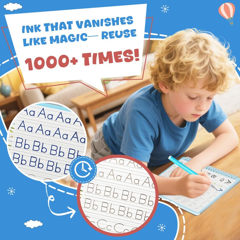 QMUBOT Magic Grooved Writing Books for Kids-Handwriting Practice for Kids 5-8 - Tracing Books for Kids Ages 3-5 - Preschool, Kindergarten Learning-Letters, Numbers, Math, Drawing (Blue Box, 9.45 in x 6.5 in) - Image 3